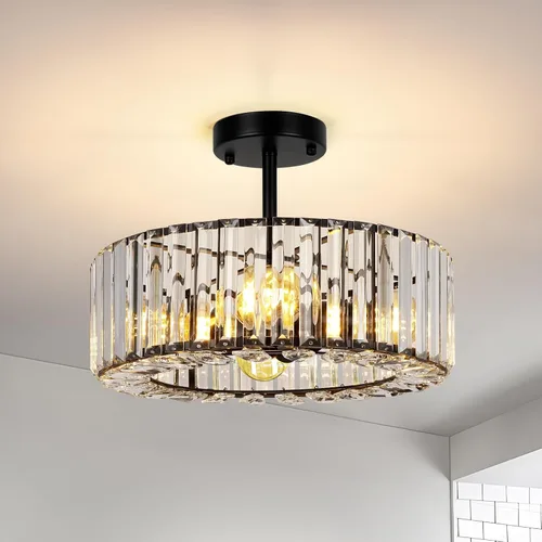 Vista 20 de FRIDEKO HOME Paquete de 2 Luces de Techo Semi Empotradas - Pequeña Lámpara de Araña de Cristal para Pasillo con Jaula de Metal Negro, Accesorio