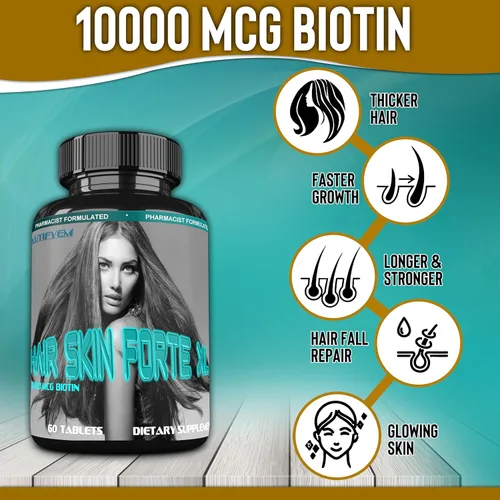 Vista 5 de Hair Skin Forte XL Complejo de crecimiento del cabello y la piel 10,000 mcg de biotina + péptidos de colágeno promueve un cabello más grueso, más