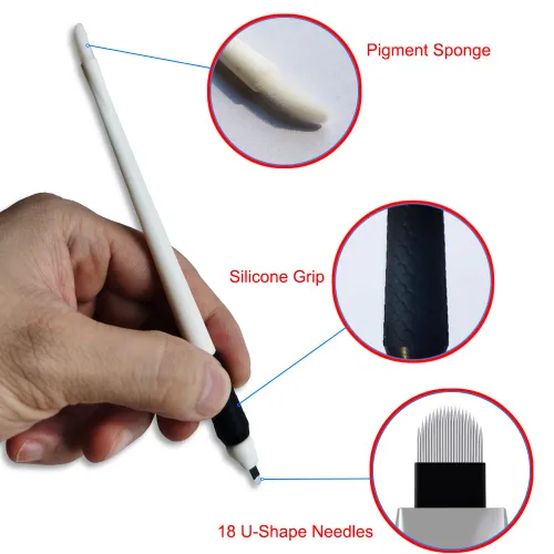 Vista 2 de Microblading Supplies - Bolígrafo desechable Microblading esterilizado de 18U Microblading con agarre de silicona y esponja de pigmento (0.007 in)