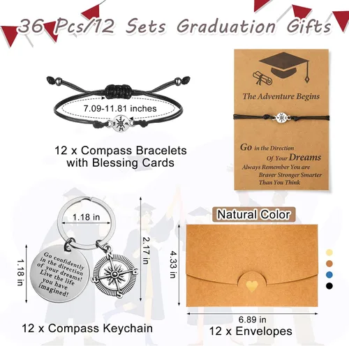 Vista 2 de Cunno 12 juegos de regalos de graduación 2024 para ella y él, incluyen 12 pulseras de brújula, 12 llaveros de graduación y 12 sobres de papel kraft