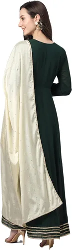 Vista 7 de Janasya Botella de mujer india verde Georgette sólido Kurta con Dupatta