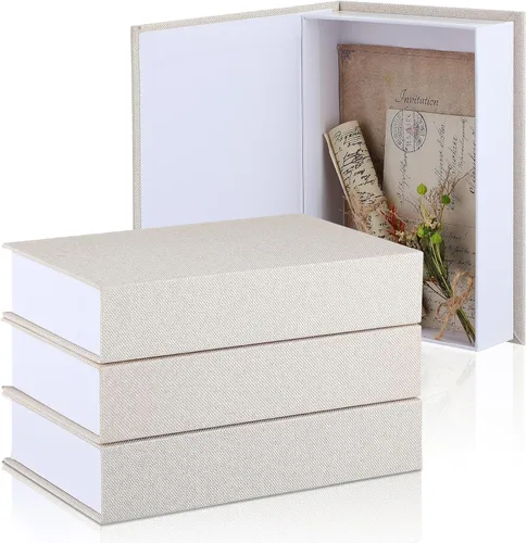 Vista 14 de Tioncy Caja de libros falsos de lino neutro, 3 piezas, decoración de imitación para decoración del hogar, estantes, mesa, tarjetas, fotos, regalo