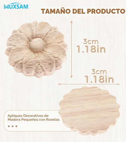 Vista 2 de MUXSAM Paquete de 10 rosetas de madera, apliques pequeños onlay, sin pintar, calcomanías redondas de tallado de flores para el hogar, armarios