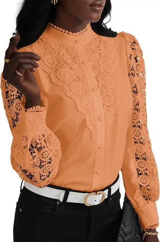 Vista 18 de Rooscier Blusa Elegante de Encaje de Crochet con Cuello Alto Simulado de Manga Larga con Botones para Mujer Top