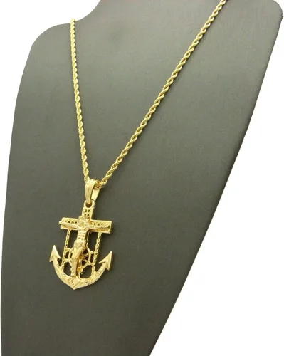 Vista 6 de Shiny Jewelers USA - Colgante de cadena cubana de cuerda para hombre Jesús con ancla de cruz y cadera, 24.0in