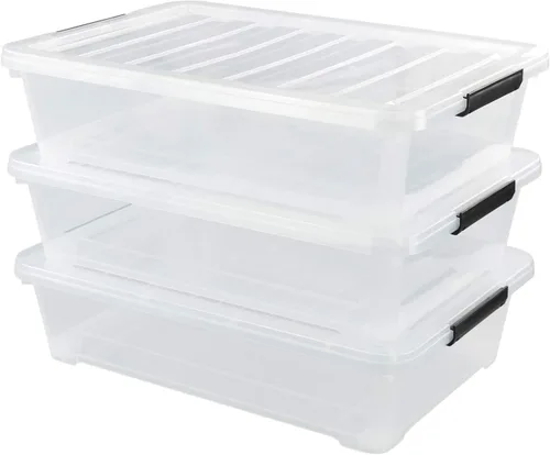 Vista 8 de Juego de 4 contenedores apilables de plástico transparente para debajo de la cama con tapa, 20 cuartos de galón Latch storage container, slim 5.98