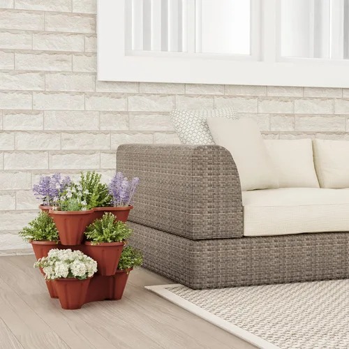 Vista 5 de Torre de macetas apilables, juego de 3 macetas verticales apilables de plástico para hierbas y flores para interiores y exteriores Pure Garden