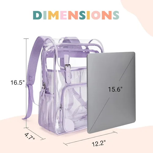 Vista 6 de mommore Mochila transparente para escuela, resistente, grande, transparente, de PVC, transparente, 1PC-Púrpura, Grande, Mochila transparente