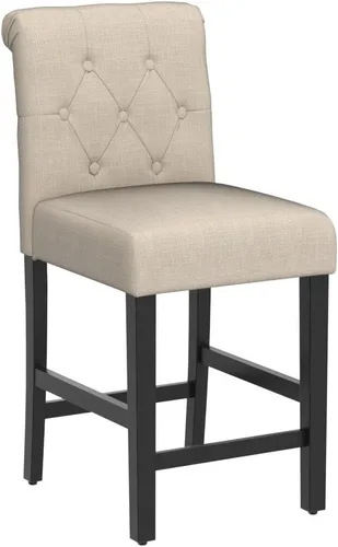 Vista 5 de GOTMINSI Taburetes de tela beige de 24 pulgadas, juego de 2 sillas tapizadas de altura de mostrador con decoración copetuda de estilo ocio