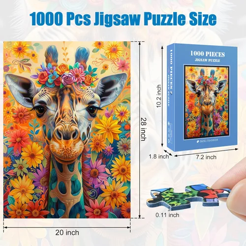 Vista 3 de Rompecabezas para adultos de 1000 piezas, jirafa colorida con corona floral Jirafa de cuello azul
