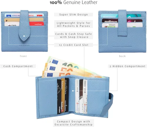 Vista 4 de Grande -3803 Cartera unisex, Azul (Iced Blue), Cartera delgada de cuero con cierre a presión pequeño