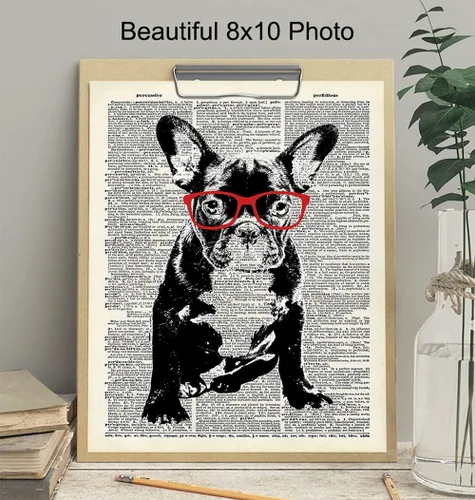 Vista 4 de Bulldog francés con gafas rojas, impresión artística de diccionario, impresión fotográfica de 8 x 10 pulgadas, decoración genial para el hogar