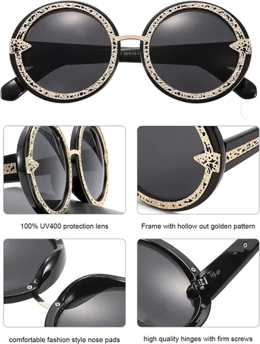 Vista 3 de SKYWAY Gafas de sol redondas de gran tamaño retro brillantes para mujer, estilo hippie clásico, protección solar 400