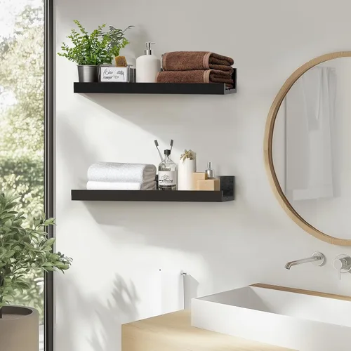 Vista 2 de Muzilife Estantes Flotantes de Pared Pequeños de 12" con Borde - Juego de 2 Estantes Flotantes de Madera - Repisa Negra Montada en Pared