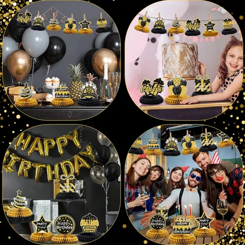 Vista 7 de Yexiya 9 Pieces Happy Birthday Table Centerpieces Black Gold Honeycomb Negro dorado