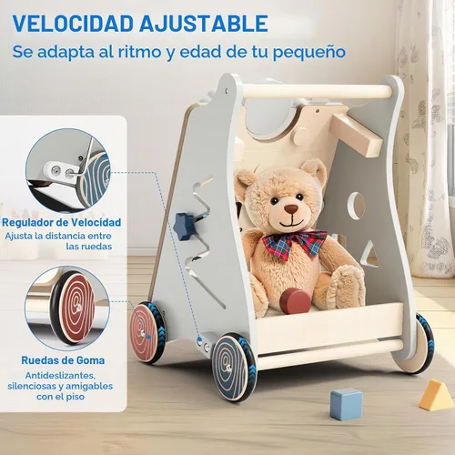 Vista 7 de 3 in 1 Wooden Baby Push Walker, Montessori Push Walker for Babies 12 Months Andador de bebé con centro de actividades, velocidad ajustable, sentarse