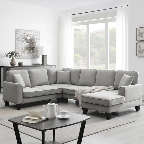 Vista 22 de Quarte Sofá seccional en forma de U, sofá modular con dos asientos individuales, dos sillas, combinación de bricolaje, tela de hilo en bucle Beige/5
