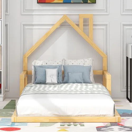 Vista 2 de Quarte Cama de suelo de madera de tamaño individual con cabecera en forma de casa, marco de cama de plataforma de madera para dormitorio,