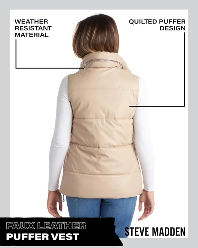 Vista 6 de Steve Madden Chaleco para mujer Chaleco de invierno acolchado de piel sintética para mujer Chaqueta acolchada sin mangas (S-XL)