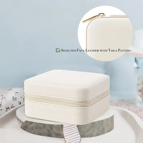 Vista 2 de Vlando Pequeño joyero de viaje organizador para niñas y mujeres, regalo anillos, aretes, collares, almacenamiento, color beige