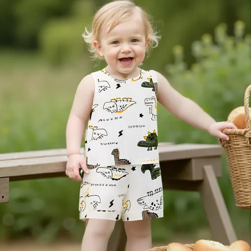 Vista 2 de Ledy Champswiin Ropa de niño para bebé, traje de verano con estampado de letras de dinosaurio, tops de algodón y pantalones cortos elásticos grises