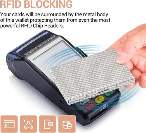 Vista 42 de BONSYL® Soporte para tarjetas de crédito, cartera delgada de metal con bloqueo RFID, con 6 ranuras para tarjetas, para mujeres y hombres.