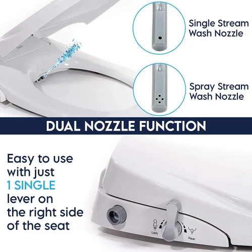 Vista 2 de JEP Asiento de inodoro manual con doble boquilla para inodoros alargados con asiento y funda de cierre suave Asiento de bidé para limpieza trasera