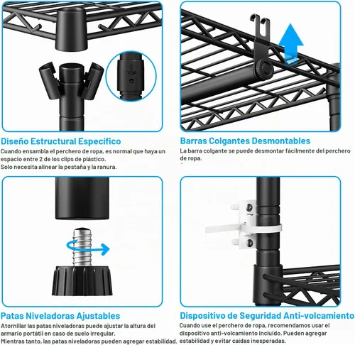 Vista 8 de Ulif E13 Perchero de Ropa de Servicio Pesado (Con 4 Barras Colgadoras y 8 Estantes) Percheros Independientes para Colgar Ropa, Organizador de Closet