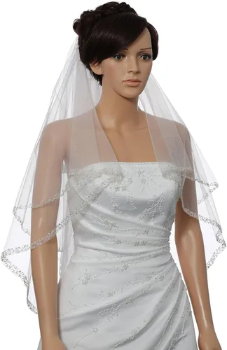Vista 2 de SAMKY 2T 2 Tier Dual Edge Embroided Pearl Crystal Beaded Veil Fingertip Length 36