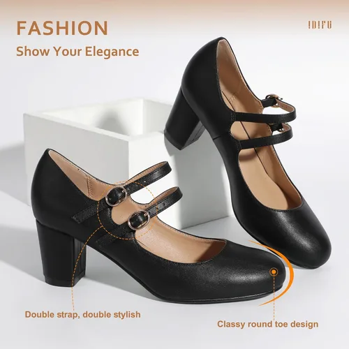 Vista 6 de IDIFU Zapatos de vestir para mujer, zapatos de tacón Mary Jane, tacón bajo, punta redonda, cerrada, boda, oficina, trabajo