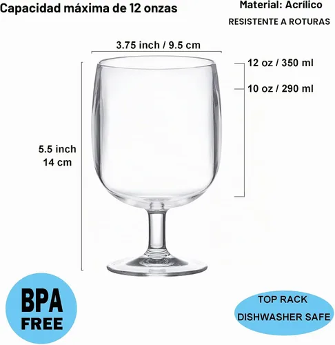 Vista 2 de KX-WARE Juego clásico de copas de vino de acrílico multiusos, vasos de vino de plástico con tallo de 12 onzas, juego de 8 transparentes