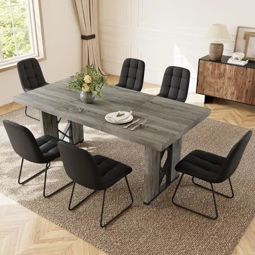 Vista 9 de HIPIHOM Mesa de comedor de granja de 70.8 pulgadas para 6 personas, mesa de cocina rectangular grande con patas resistentes, muebles de comedor