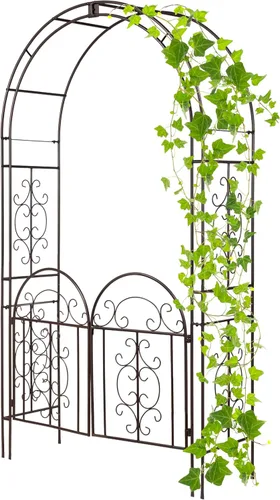Vista 6 de Estructura de arco de jardín al aire libre de metal de Plow & Hearth, de 84 pulgadas de alto, entramado de celosía de hierro para plantas Rojo