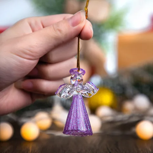 Vista 2 de 12 adornos de ángel dorado de cristal, ángeles de la guarda, adornos para árbol de Navidad de 2.1 pulgadas, colorido mini ángel colgante hilado