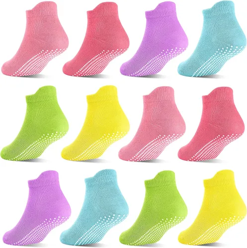 Vista 11 de Calcetines antideslizantes con agarre para bebés, niñas y niños, calcetines tobilleros para niños de 6 meses a 7 años, 12 pares