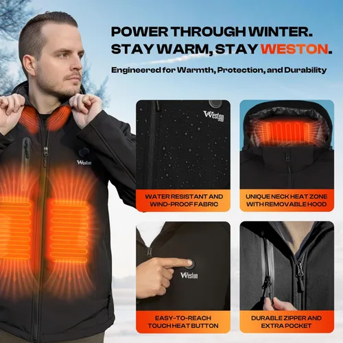 Vista 5 de WESTON Abrigo térmico para hombre, 4 zonas de calefacción, 7.4 V, batería recargable de 4800 mAh, 3 niveles de calor ajustables