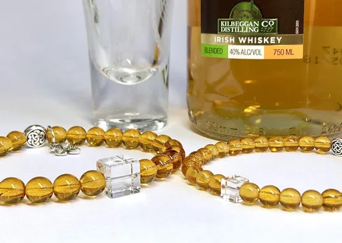 Vista 4 de Irish Whiskey Lover Bracelet in 2 Styles With Celtic Knot and Optional Shamrock Charm - Couples' Quartz and Glass Bracelet - Custom Sized for a