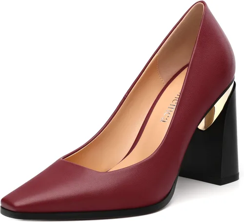 Vista 20 de Tacones altos para mujer, zapatos de vestir de tacón grueso con puntera cuadrada cerrada de patente, tacones elegantes, zapatos de vestir diarios