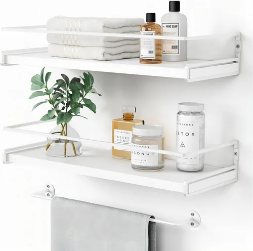 Vista 8 de Forbena - Estantes flotantes de baño montados en la pared, estantes blancos y dorados estéticos para accesorios de baño, organizador de baño moderno