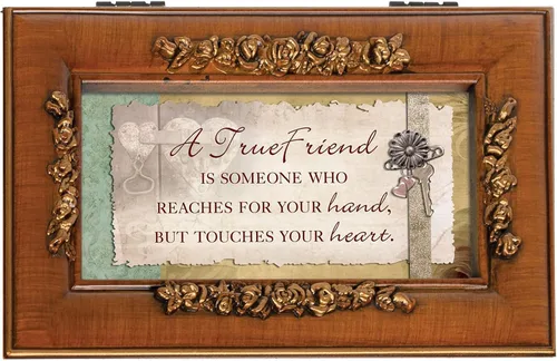 Vista 2 de Cottage Garden A True Friend Rich Walnut Finish with Brushed Gold Rose Trim Petite Rose Caja de música pequeña - Reproduce canción What a Friend We