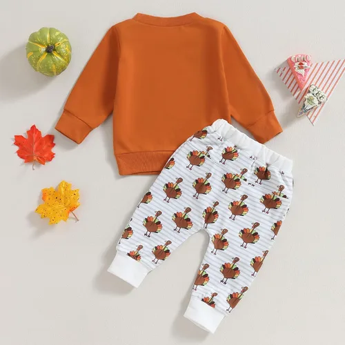 Vista 6 de Conjunto de 2 piezas de ropa de Acción de Gracias para bebé, sudadera con cuello redondo y estampado de letras, pantalones de pavo, 2