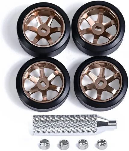 Vista 12 de Llantas de rueda de 6 radios y neumáticos de deriva de coche RC para 1/28 RC Hobby modelo, [2 estrechos+2 anchos] 4 llantas de aleación de aluminio