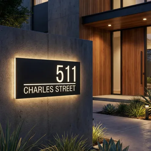 Vista 22 de Placa de dirección de metal personalizada, señales de números para placa de pared de casa, señal de dirección con nombre de calle, números de casa