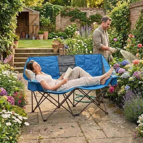 Vista 8 de SUNNYFEEL Silla Plegable Doble de Camping, Silla Loveseat Sobredimensionada, Silla de Césped Portátil/Plegable Resistente con Almacenamiento