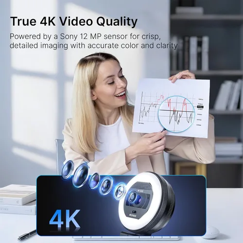 Vista 2 de NexiGo N930E Pro, cámara web 4K con luz de anillo, enfoque automático PDAF, 1080P @60FPS, micrófonos con doble cancelación de ruido, obturador