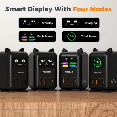 Vista 3 de Bloque de cargador USB C PD 65W, estación de carga TESSAN para múltiples Cargador de torre de escritorio con 4 puertos USB para iPhone 17/16/15 Negro
