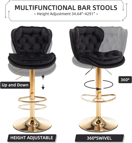 Vista 6 de Taburete de bar moderno giratorio de altura de pub, silla de comedor alta con asiento de terciopelo, respaldo, taburete hidráulico sin brazos, Negro