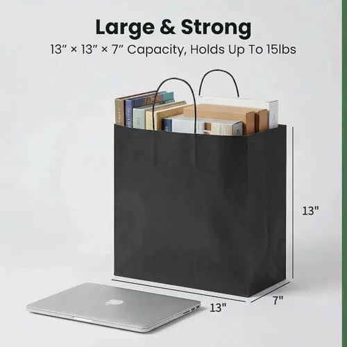 Vista 3 de PAICUIKE 100 bolsas grandes de papel negro con asas, bolsas de compras a granel de 13 x 7 x 13 pulgadas para pequeñas empresas, regalo para el día