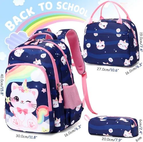 Vista 67 de Juego de mochila para niñas y adolescentes, mochila escolar para niños con bolsa para el almuerzo, estuche para lápices, mochilas escolares