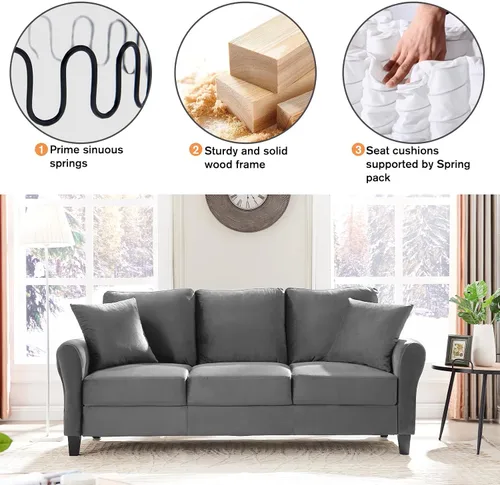 Vista 4 de Sofá tapizado de terciopelo de 3 plazas con 2 almohadas, sofá moderno de 78 pulgadas con patas de madera maciza para sala de estar, apartamento